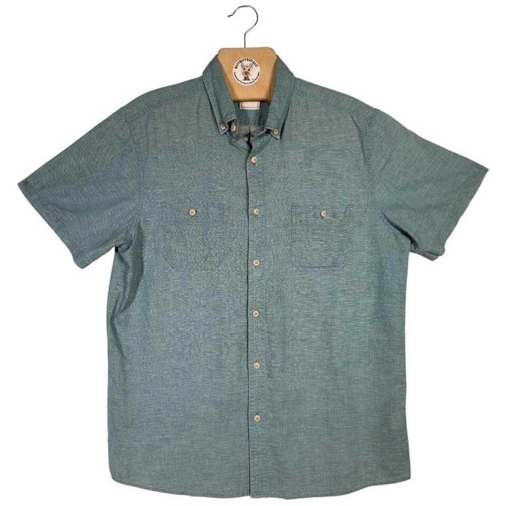 ROWM Linen‎ Blend Button Front Shirt Mens Large Blue Short Sleeve Casual